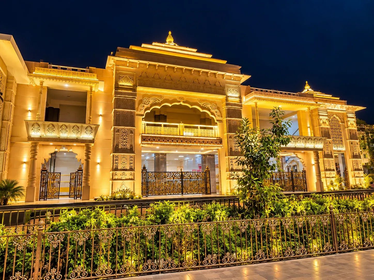 Illuminated temple architecture in Ujjain at night